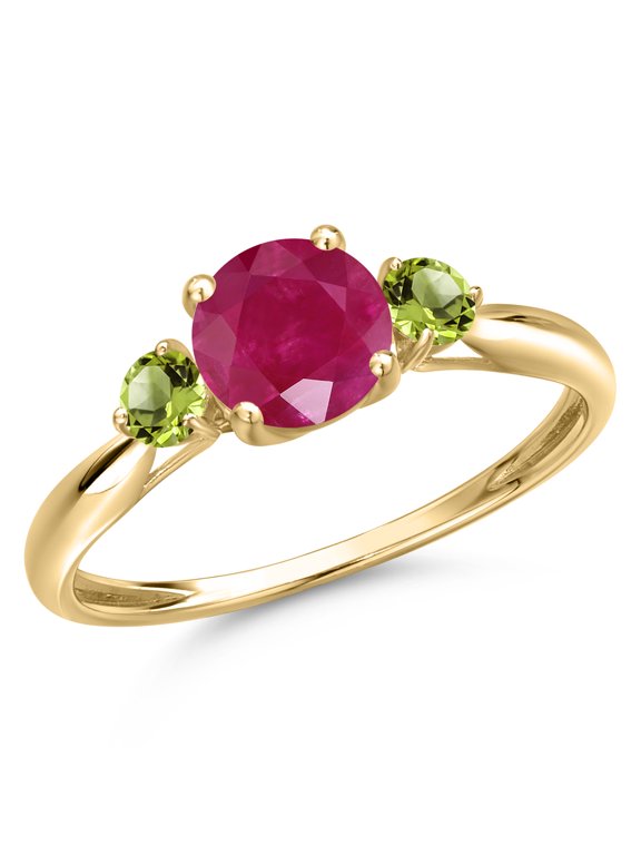 10K Yellow Gold Red Ruby and Green Peridot 3-Stone Ring for Women | 1.24 Cttw | Round 6MM | Gemstone July Birthstone | Size 9