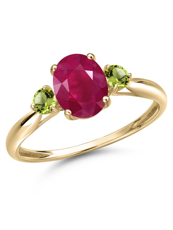 10K Yellow Gold Red Ruby and Green Peridot 3-Stone Ring for Women | 1.84 Cttw | Oval 8X6MM | Gemstone July Birthstone | Size 5
