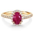thumbnail image 1 of Gem Stone King 10K Yellow Gold Red Ruby and White Lab Grown Diamond Halo Engagement Ring for Women (1.31 Cttw, Gemstone July Birthstone, Oval 7X5MM), 1 of 4