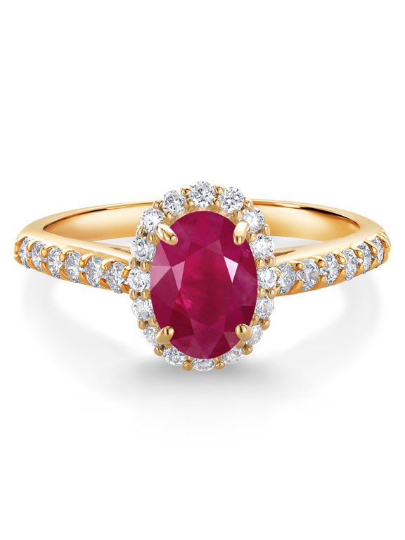 10K Yellow Gold Red Ruby and White Lab Grown Diamond Halo Engagement Ring for Women (1.31 Cttw, Gemstone July Birthstone, Oval 7X5MM)