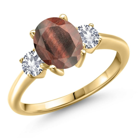 Gem Stone King 10K Yellow Gold Red Tiger Eye and White Created Sapphire Engagement Ring for Women | 2.00 Cttw | Oval 9X7MM | Gemstone Birthstone | Size 6