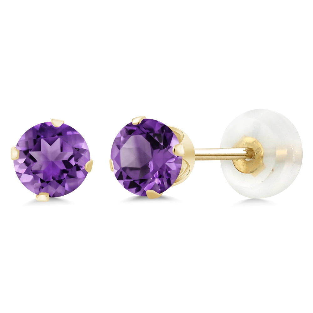 Gem Stone King 10K Yellow Gold Round Purple Amethyst 4 Prong Stud Earrings for Women Men (0.90 Cttw, Gemstone Birthstone, Round 5MM)