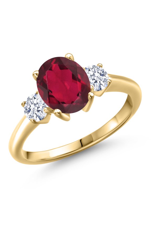 10K Yellow Gold Ruby Red Mystic Quartz and White Zirconia Engagement Ring for Women | 2.30 Cttw | Oval 9X7MM | Gemstone Birthstone | Size 5