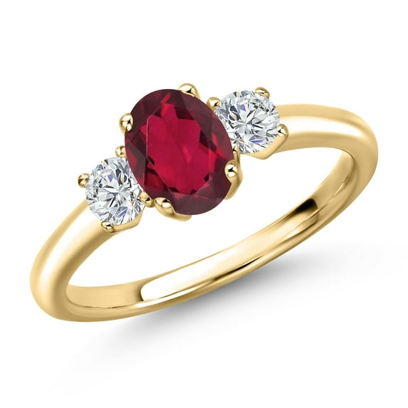 Gem Stone King 10K Yellow Gold Ruby Red Mystic Topaz and Lab Grown Diamond Engagement Ring for Women | 1.14 Cttw | Oval 7X5MM | Gemstone November Birthstone | Size 5