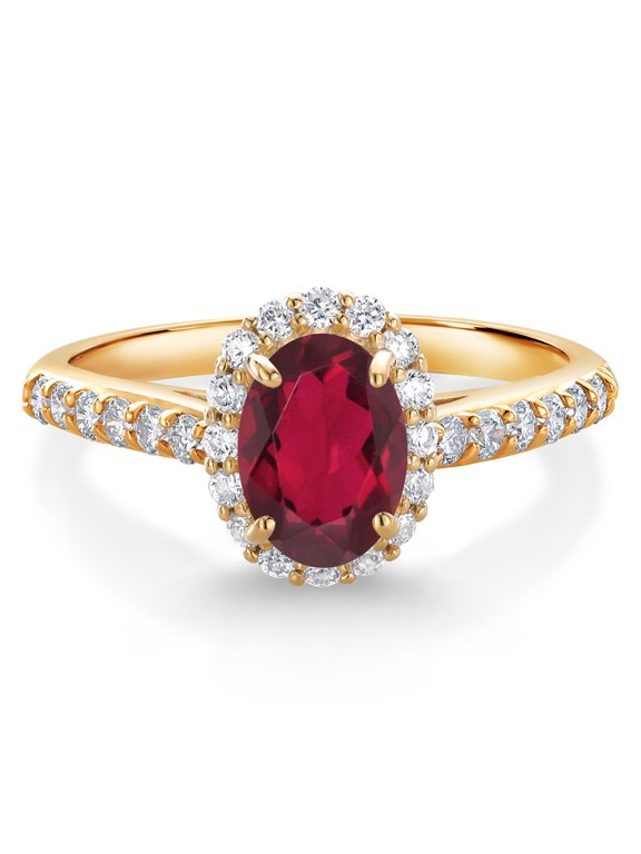 10K Yellow Gold Ruby Red Mystic Topaz and White Lab Grown Diamond Halo Engagement Ring for Women (1.11 Cttw, Gemstone, Oval 7X5MM)