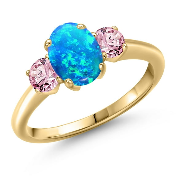 Gem Stone King 10K Yellow Gold Simulated Blue Opal and Pink Lab Grown Diamond Engagement Ring for Women | 1.56 Cttw | Oval Cabochon 8X6MM | Gemstone October Birthstone | Size 6