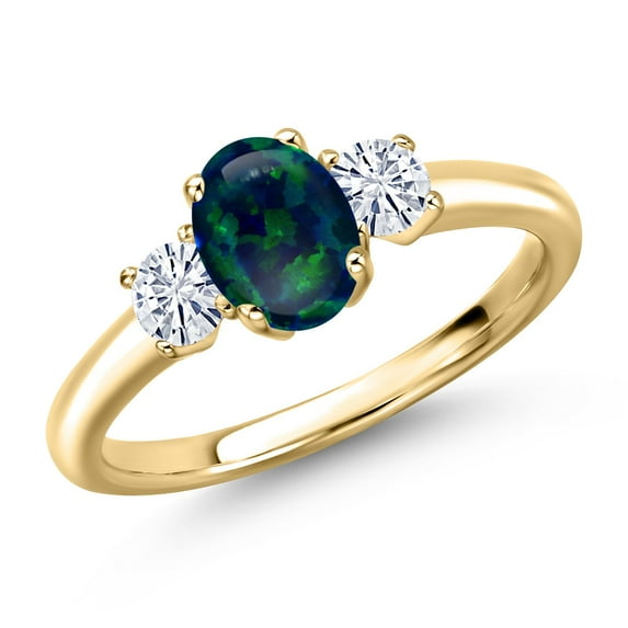 Gem Stone King 10K Yellow Gold Simulated Green Opal and White Moissanite Engagement Ring for Women | 0.95 Cttw | Oval Cabochon 7X5MM | Gemstone October Birthstone | Size 7