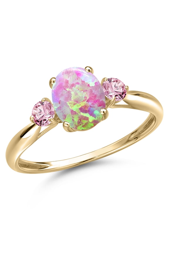 10K Yellow Gold Simulated Pink Opal and Pink Lab Grown Diamond 3-Stone Ring for Women | 1.31 Cttw | Oval Cabochon 8X6MM | Gemstone October Birthstone | Size 7