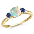 thumbnail image 1 of Gem Stone King 10K Yellow Gold Simulated White Opal and Blue Created Sapphire 3-Stone Ring for Women | 0.58 Cttw | Round Cabochon 6MM | Gemstone October Birthstone | Size 6, 1 of 6
