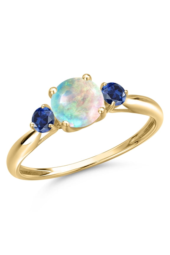 10K Yellow Gold Simulated White Opal and Blue Created Sapphire 3-Stone Ring for Women | 0.58 Cttw | Round Cabochon 6MM | Gemstone October Birthstone | Size 8