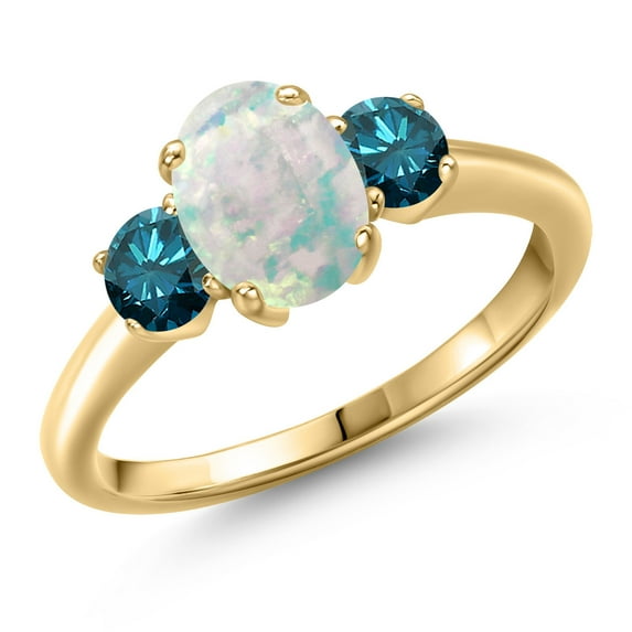 Gem Stone King 10K Yellow Gold Simulated White Opal and Blue Diamond Engagement Ring for Women | 1.54 Cttw | Oval Cabochon 8X6MM | Gemstone October Birthstone | Size 9