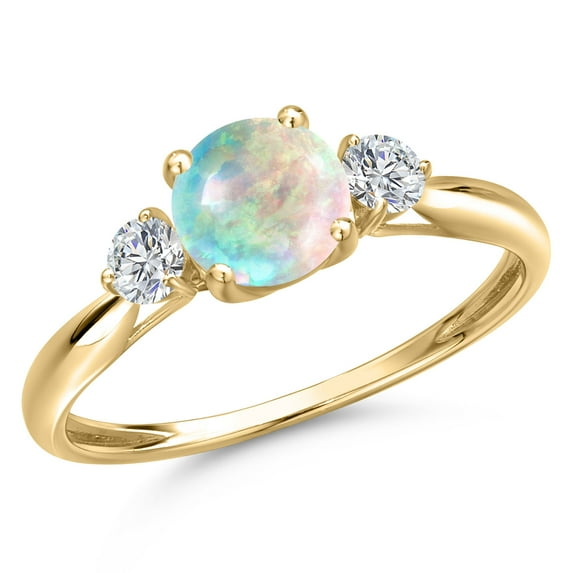 Gem Stone King 10K Yellow Gold Simulated White Opal and Lab Grown Diamond 3-Stone Ring for Women | 0.52 Cttw | Round Cabochon 6MM | Gemstone October Birthstone | Size 7