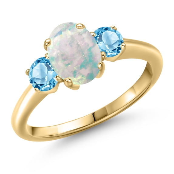 Gem Stone King 10K Yellow Gold Simulated White Opal and Swiss Blue Topaz Engagement Ring for Women | 1.71 Cttw | Oval Cabochon 8X6MM | Gemstone October Birthstone | Size 5
