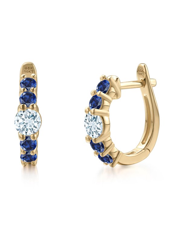 10K Yellow Gold Sky Blue Aquamarine and Blue Created Sapphire Hoop Earrings for Women | 0.90 Cttw | Gemstone March Birthstone | Round 4MM