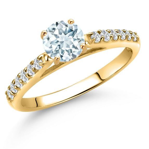 Gem Stone King 10K Yellow Gold Sky Blue Aquamarine and Lab Grown Diamond Engagement Ring for Women | 0.68 Cttw | Round 5MM | Gemstone March Birthstone | Size 5
