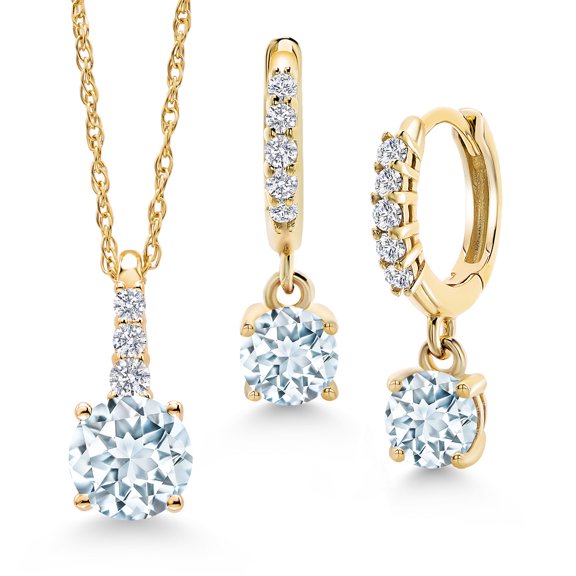 Gem Stone King 10K Yellow Gold Sky Blue Aquamarine and Lab Grown Diamond Pendant Earrings Jewelry Set for Women | 1.13 Cttw | Gemstone March Birthstone | Round 5MM | with 18 inch Chain