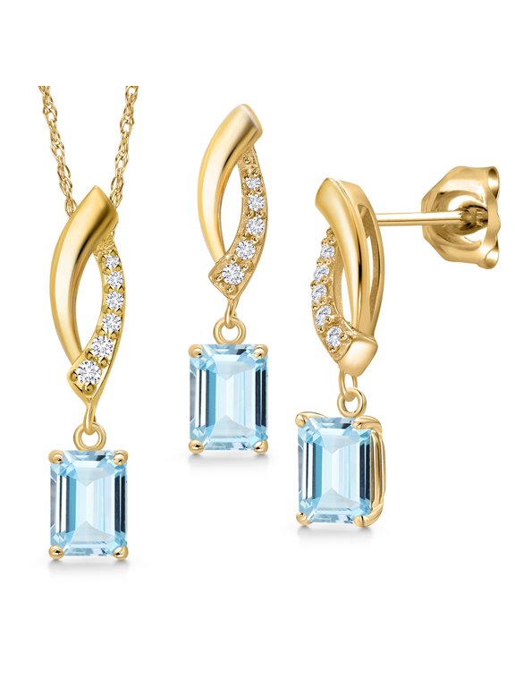 10K Yellow Gold Sky Blue Aquamarine and Lab Grown Diamond Pendant Earrings Jewelry Set for Women | 1.66 Cttw | Gemstone March Birthstone | Emerald Cut 6X4MM | with 18 inch Chain