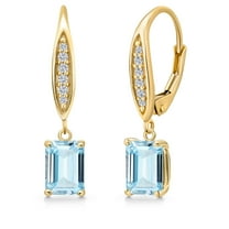 Gem Stone King 10K Yellow Gold Sky Blue Aquamarine and Lab Grown Diamond Dangle Earrings for Women | 1.68 Cttw | Gemstone March Birthstone | Octagon 7X5MM