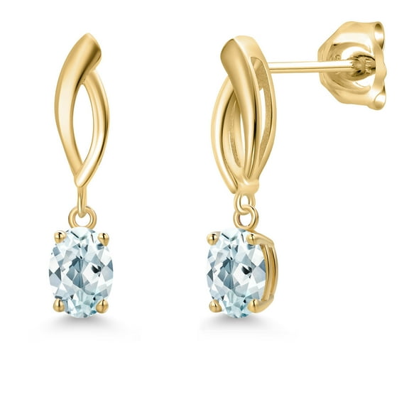 Gem Stone King 10K Yellow Gold Sky Blue Aquamarine Stud Dangle Earrings for Women | 1.00 Cttw | Gemstone March Birthstone | Oval 6X4MM