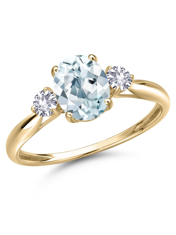 10K Yellow Gold Sky Blue Aquamarine and White Created Sapphire 3-Stone Ring for Women | 1.46 Cttw | Oval 8X6MM | Gemstone March Birthstone | Size 9