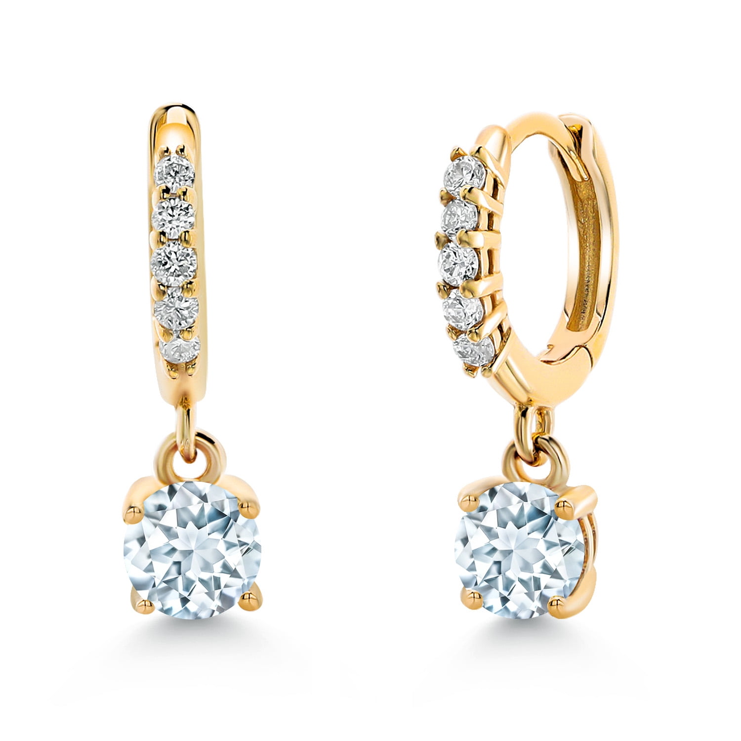Gem Stone King 10K Yellow Gold Sky Blue Aquamarine and White Lab Grown Diamond Dangle Drop Huggie Hoop Earrings for Women (0.60 Cttw, Gemstone March Birthstone, Round 4MM)