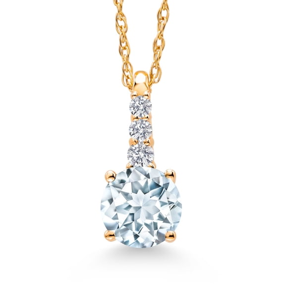 Gem Stone King 10K Yellow Gold Sky Blue Aquamarine and White Lab Grown Diamond Pendant Necklace for Women (0.55 Cttw, Round 5MM, Gemstone March Birthstone, with 18 inch Chain)