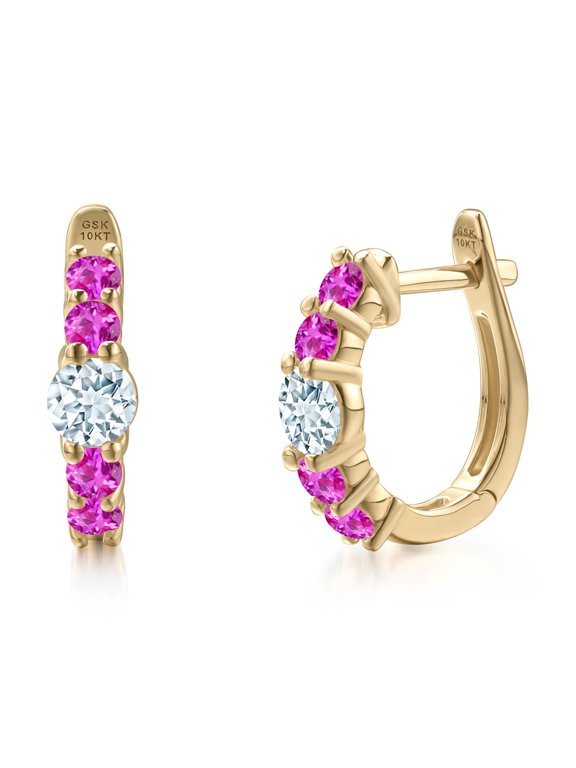 10K Yellow Gold Sky Blue Aquamarine and Pink Sapphire Hoop Earrings for Women | 0.90 Cttw | Gemstone March Birthstone | Round 4MM