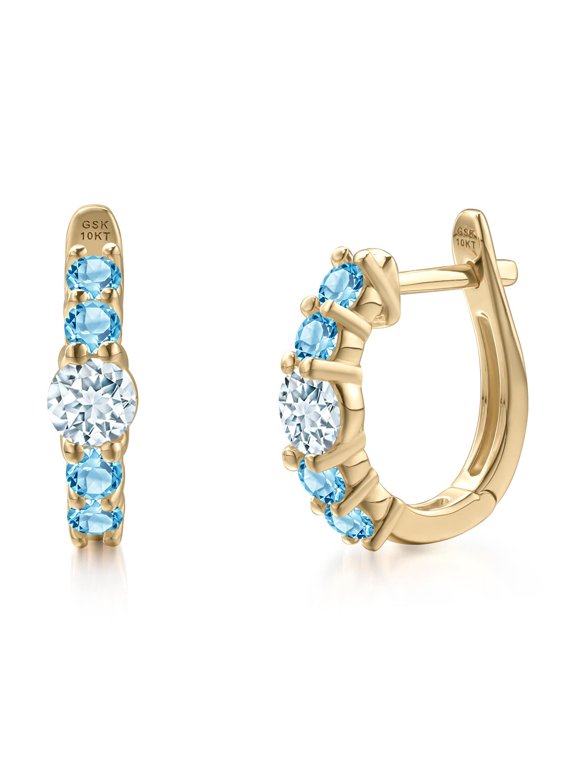 10K Yellow Gold Sky Blue Aquamarine and Swiss Blue Topaz Hoop Earrings for Women | 1.14 Cttw | Gemstone March Birthstone | Round 4MM