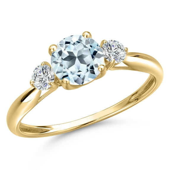 Gem Stone King 10K Yellow Gold Sky Blue Topaz and Lab Grown Diamond 3-Stone Ring for Women | 1.22 Cttw | Round 6MM | Gemstone November Birthstone | Size 6