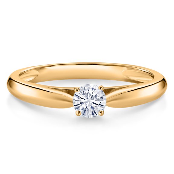 Gem Stone King 10K Yellow Gold Round Moissanite Solitaire Ring for Women | 0.16 Cttw | Wedding Engagement Anniversary Promise Ring for Women | Size 9