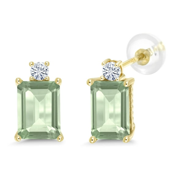 Gem Stone King 10K Yellow Gold Stud Earrings Emerald Cut Prasiolite Moissanite (3.12 Cttw)