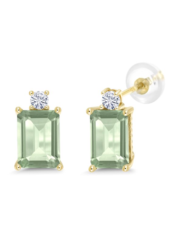 10K Yellow Gold Stud Earrings Emerald Cut Green Prasiolite and Moissanite (3.12 Cttw)