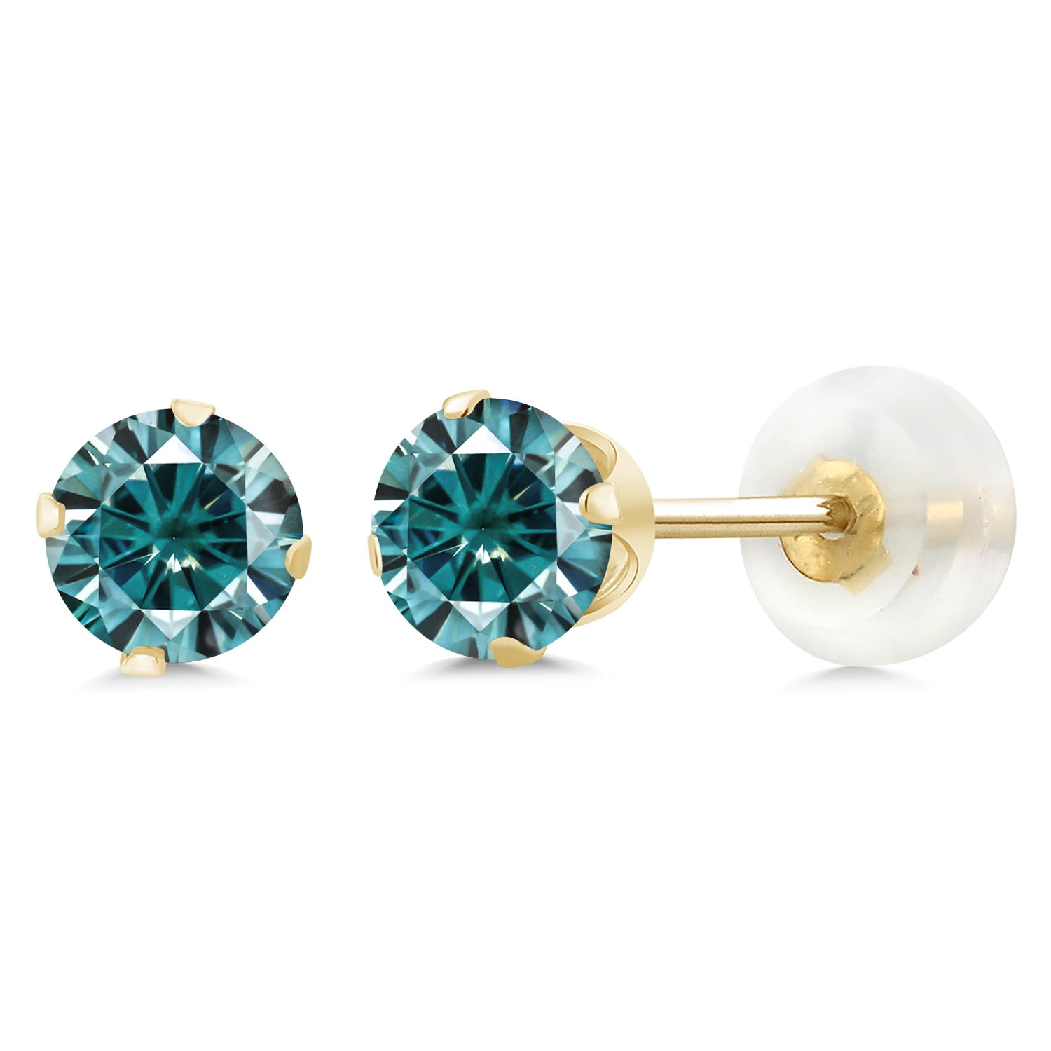 Gem Stone King 10K Yellow Gold Stud Earrings for Women Men Blue Round Moissanite 1.00cttw