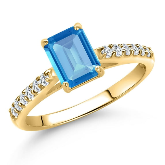 Gem Stone King 10K Yellow Gold Swiss Blue Topaz and Lab Grown Diamond Engagement Ring for Women | 1.15 Cttw | Emerald Cut 7X5MM | Gemstone November Birthstone | Size 6