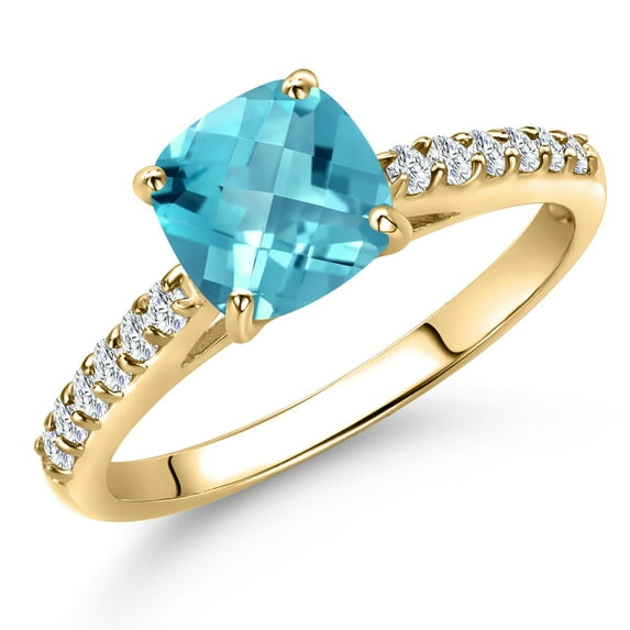 Gem Stone King 10K Yellow Gold Swiss Blue Topaz and Lab Grown Diamond Engagement Ring for Women | 1.30 Cttw | Cushion Checkerboard 6MM | Gemstone November Birthstone | Size 6