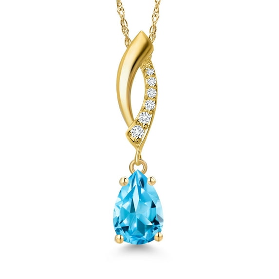 Gem Stone King 10K Yellow Gold Swiss Blue Topaz and Lab Grown Diamond Pendant Necklace for Women | 1.01 Cttw | Gemstone November Birthstone | Pear Shape 8X5MM | With 18 inch Chain