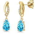 thumbnail image 1 of Gem Stone King 10K Yellow Gold Swiss Blue Topaz and Lab Grown Diamond Stud Dangle Earrings for Women | 2.01 Cttw | Gemstone November Birthstone | Pear Shape 8X5MM, 1 of 6