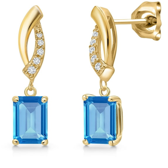 Gem Stone King 10K Yellow Gold Swiss Blue Topaz and Lab Grown Diamond Stud Earrings for Women | 1.99 Cttw | Gemstone November Birthstone | Emerald Cut 7X5MM