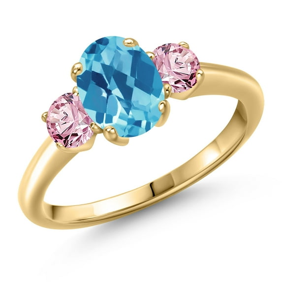 Gem Stone King 10K Yellow Gold Swiss Blue Topaz and Pink Lab Grown Diamond Engagement Ring for Women | 1.80 Cttw | Oval Checkerboard 8X6MM | Gemstone November Birthstone | Size 5