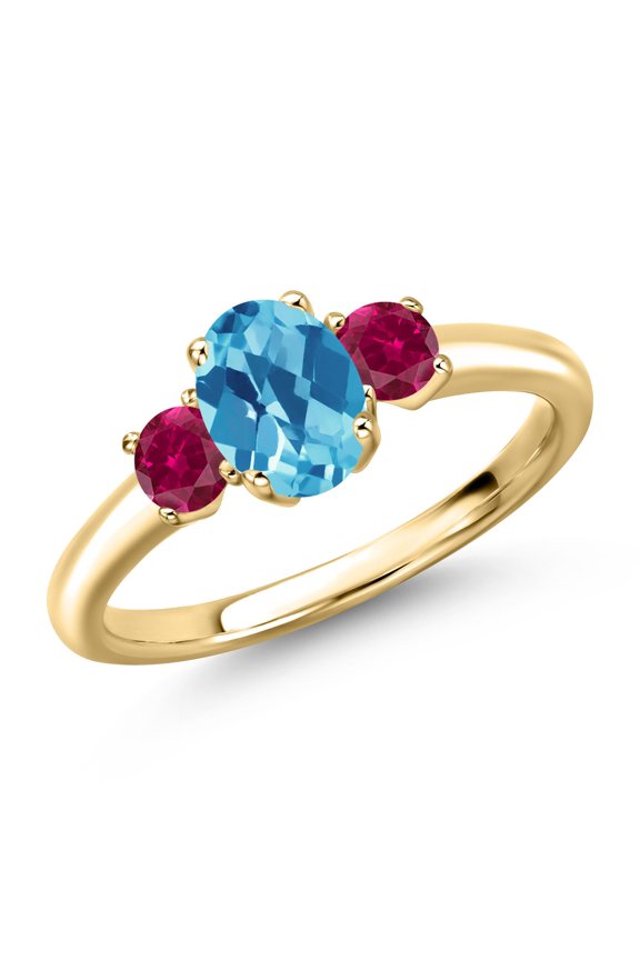 10K Yellow Gold Swiss Blue Topaz and Red Created Ruby Engagement Ring for Women | 1.50 Cttw | Oval Checkerboard 7X5MM | Gemstone November Birthstone | Size 9
