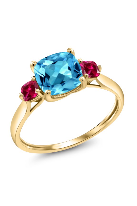 10K Yellow Gold Swiss Blue Topaz and Red Created Ruby Engagement Ring for Women | 2.15 Cttw | Cushion 7MM | Gemstone November Birthstone | Size 5