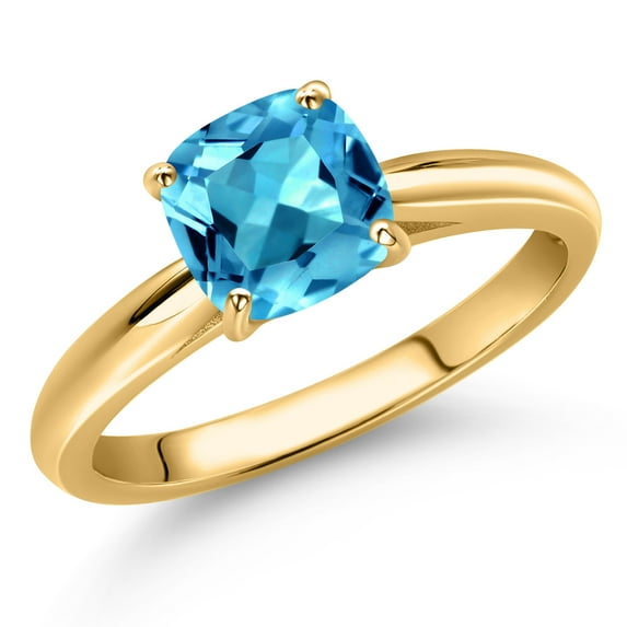 Gem Stone King 10K Yellow Gold Swiss Blue Topaz Solitaire Engagement Ring for Women | 1.15 Cttw | Cushion 6MM | Gemstone November Birthstone | Size 7