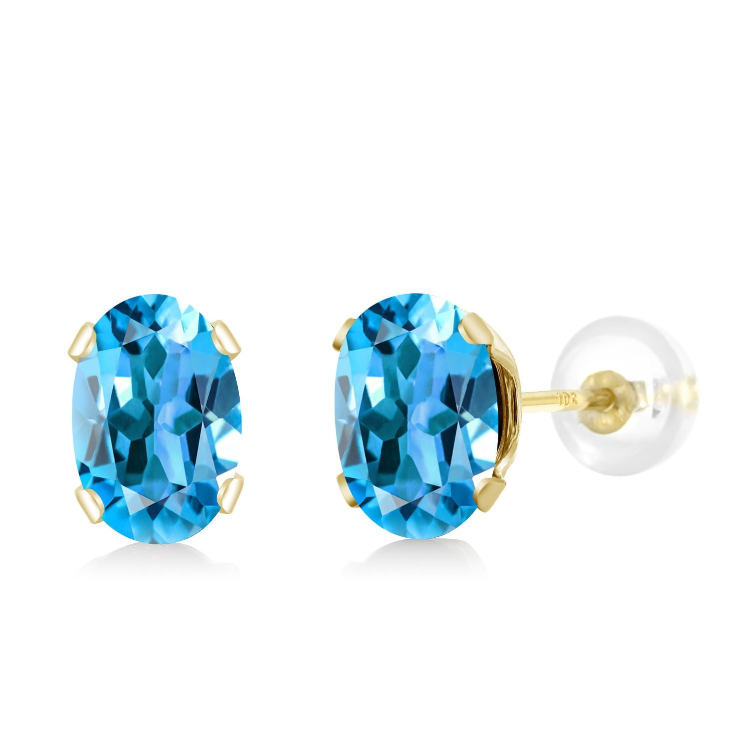 Gem Stone King 10K Yellow Gold Swiss Blue Topaz Stud Earrings for Women Men (1.10 Cttw, Gemstone November Birthstone, Oval 6X4MM)