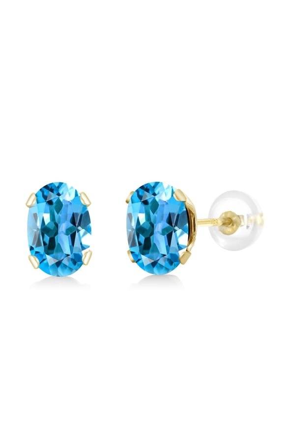 10K Yellow Gold Swiss Blue Topaz Stud Earrings for Women Men (1.10 Cttw, Gemstone November Birthstone, Oval 6X4MM)