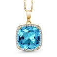 thumbnail image 1 of Gem Stone King 10K Yellow Gold Swiss Blue Topaz and White Created Sapphire Pendant Necklace for Women (8.54 Cttw, Gemstone November Birthstone, Cushion Cut 12MM, with 18 inch Chain), 1 of 5