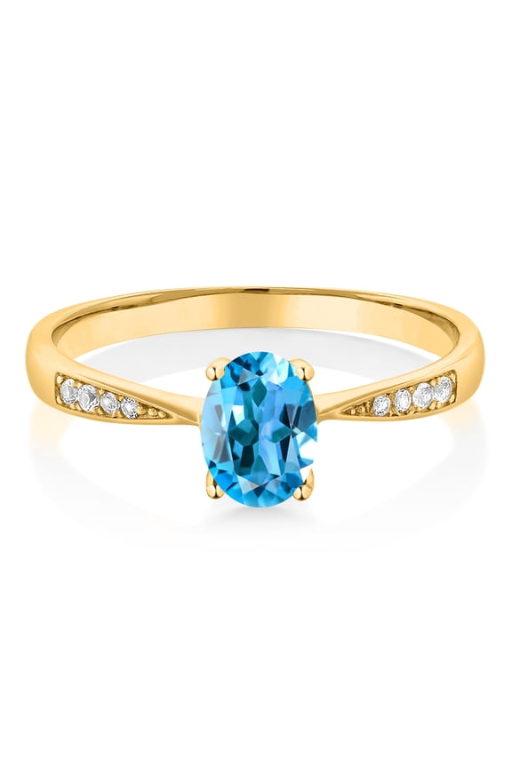 10K Yellow Gold Swiss Blue Topaz and White Diamond Engagement Ring for Women (1.06 Cttw, Gemstone November Birthstone, Oval 7X5MM, Available in Size 5, 6, 7, 8, 9)