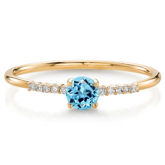 Gem Stone King 10K Yellow Gold Swiss Blue Topaz and White Lab Grown Diamond Engagement Ring for Women (0.41 Cttw, Round 4MM, Gemstone November Birthstone, Size 7)