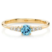 GEM STONE KING 10K Yellow Gold Swiss Blue Topaz and White Lab Grown Diamond Engagement Ring for Women (0.45 Cttw, Round 4MM, Gemstone November Birthstone, Available in Size 5, 6, 7, 8, 9)