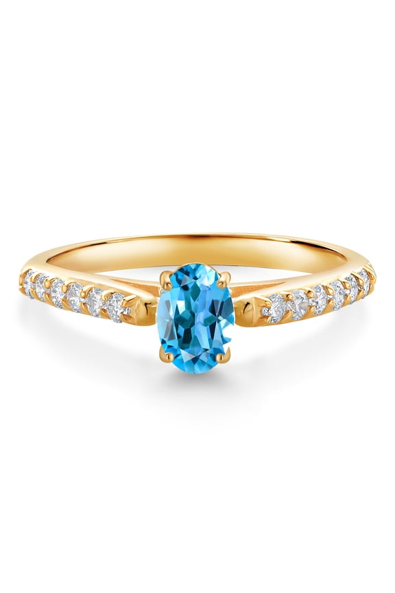 10K Yellow Gold Swiss Blue Topaz and White Lab Grown Diamond Engagement Ring for Women (0.73 Cttw, Oval 6X4MM, Gemstone November Birthstone, Size 5)