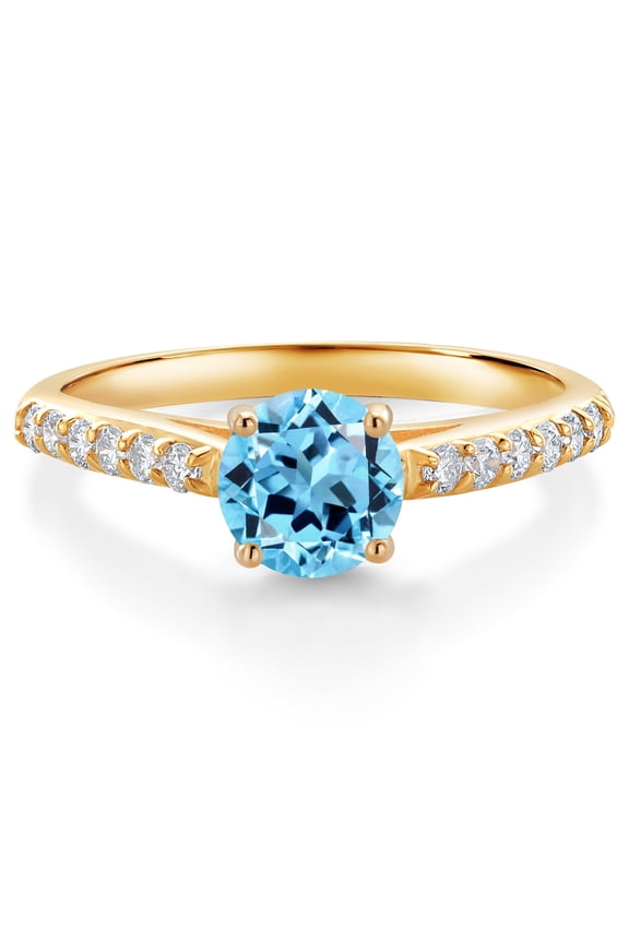 10K Yellow Gold Swiss Blue Topaz and White Lab Grown Diamond Engagement Ring for Women (1.18 Cttw, Gemstone November Birthstone, Round 6MM, Size 5)